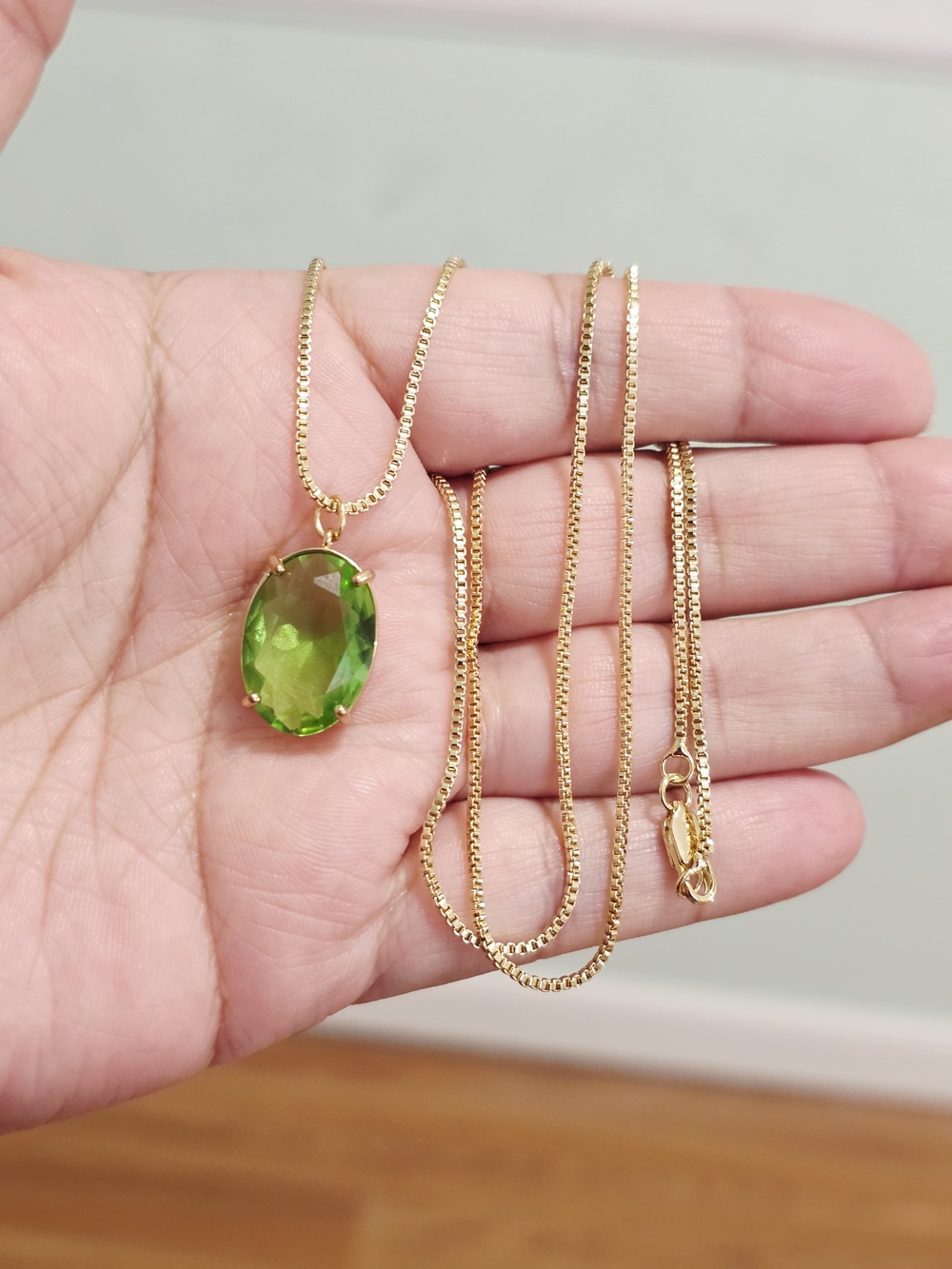 18k Gold Plated Chain Necklace with Green Oval Gem Pendant